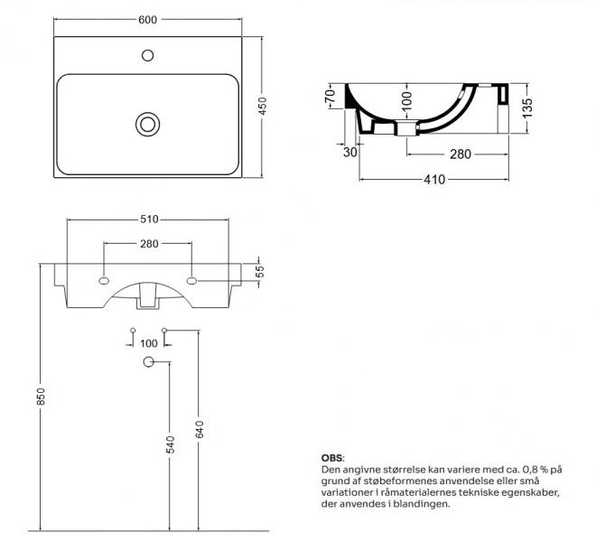 Lavabo 60 håndvask t/væg eller bord - 1 hanehul