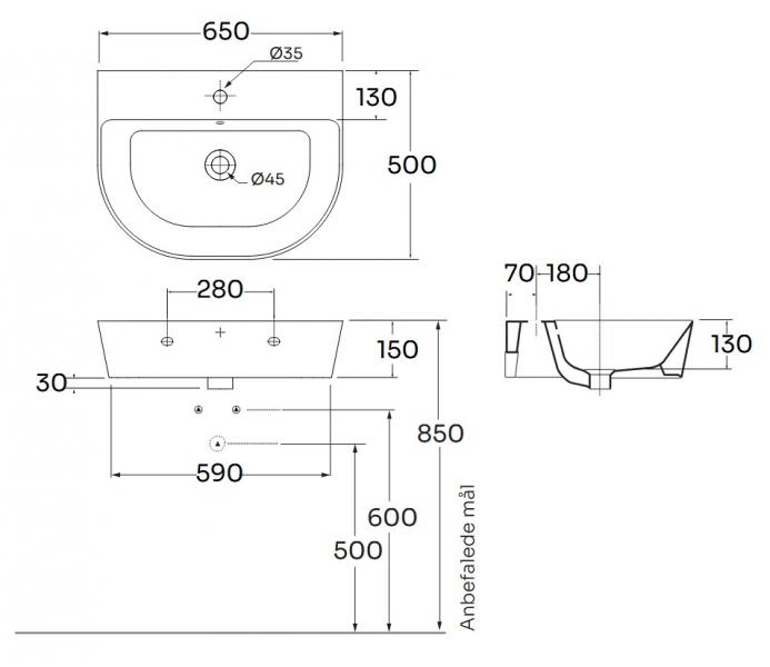 Lavabo Forma 65 h&aring;ndvask t/v&aelig;g eller m&oslash;bel - 1 hanehul - Cocoa