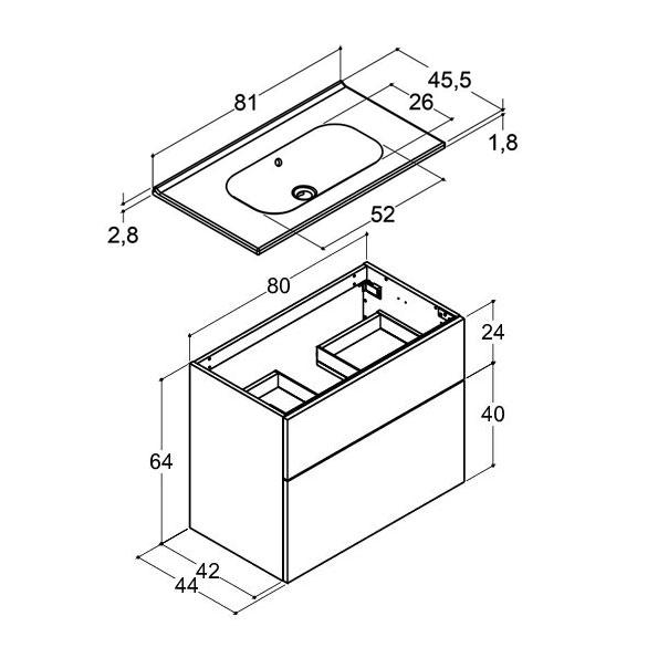 Dansani Luna 81 m&oslash;bels&aelig;t m/Kantate vask, h&oslash;j skuffe og indretning - Varm eg