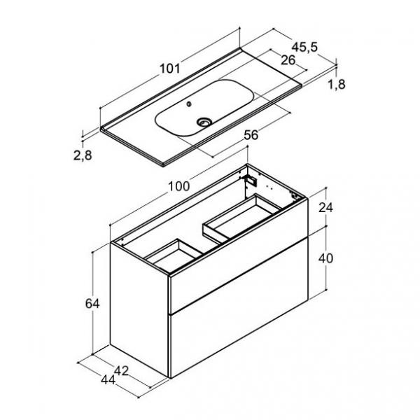 Dansani Luna 101 møbelsæt m/Kantate vask, høj skuffe og indretning - Brun eg Dansani Luna 101 møbelsæt m/Kantate vask, høj skuffe og indretning - Brun eg