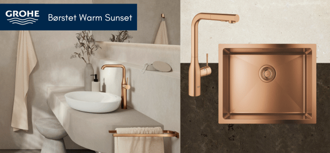 Indret badeværelse og køkken med Grohe's børstet Warm Sunset